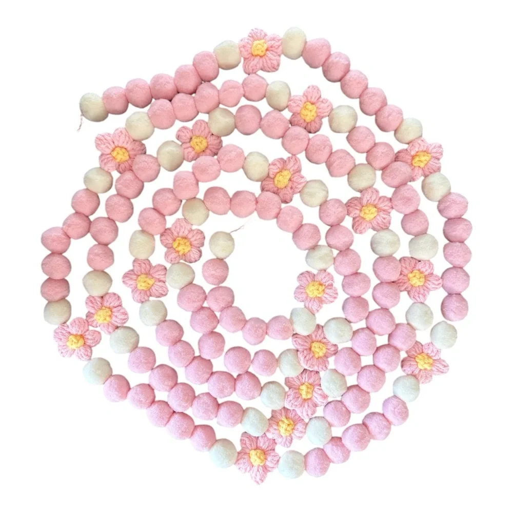 11 ft Valentine's Day Light Pink Cream & Floral Pom Pom Garland Handmade on Wire